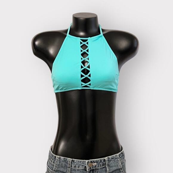 Victoria's Secret Womens High Neck Swim Top sz XS Teal Green Mock Lace Up Chest - Picture 1 of 6